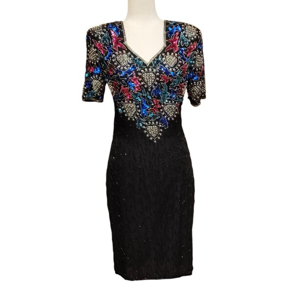VTG Mark & John Beaded Sequins 100% Silk Cocktail Dress with Sweetheart Neckline - Picture 3 of 16